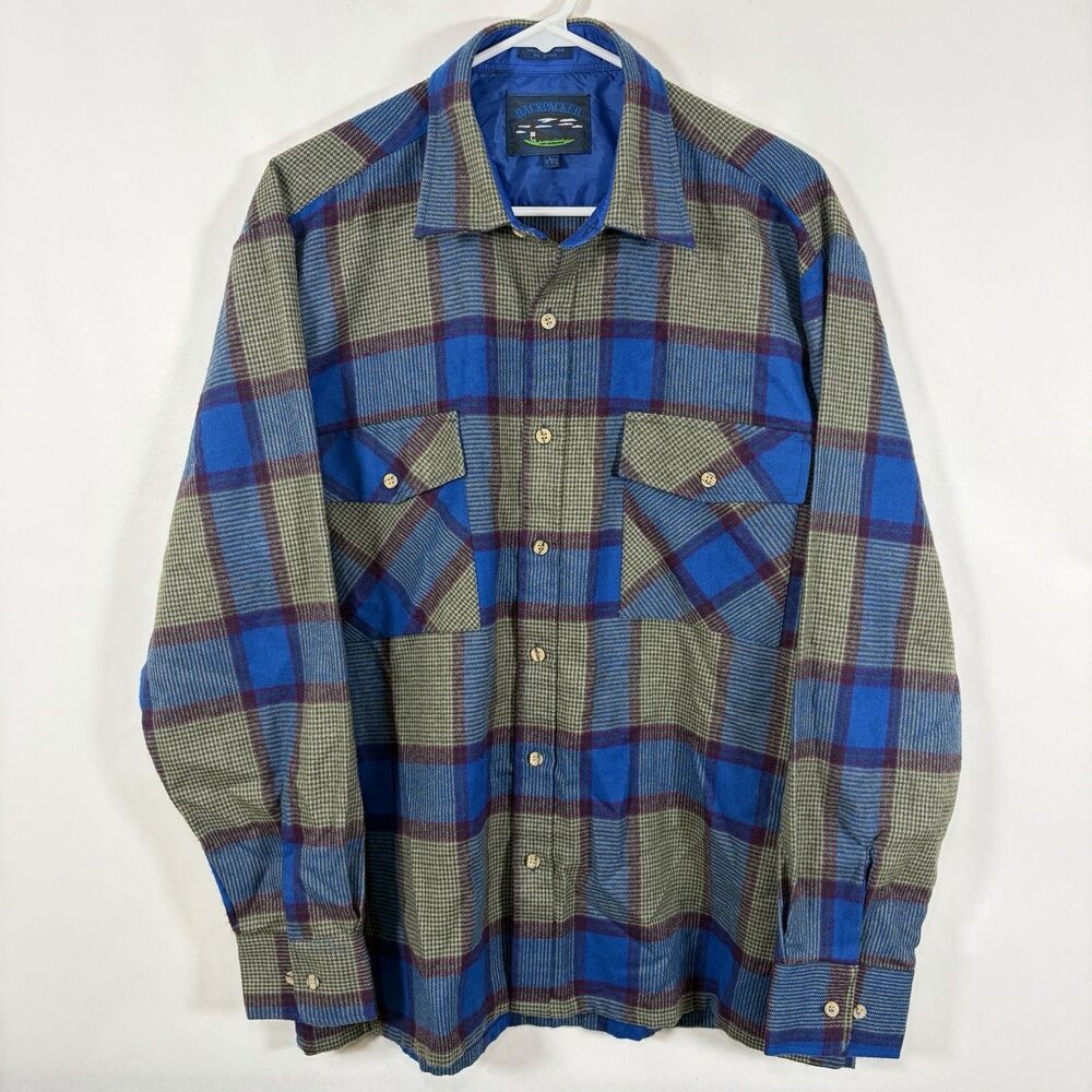 Backpacker Button Up Flannel Shirt Mens Large 16 Blue Green Plaid Acrylic NWT